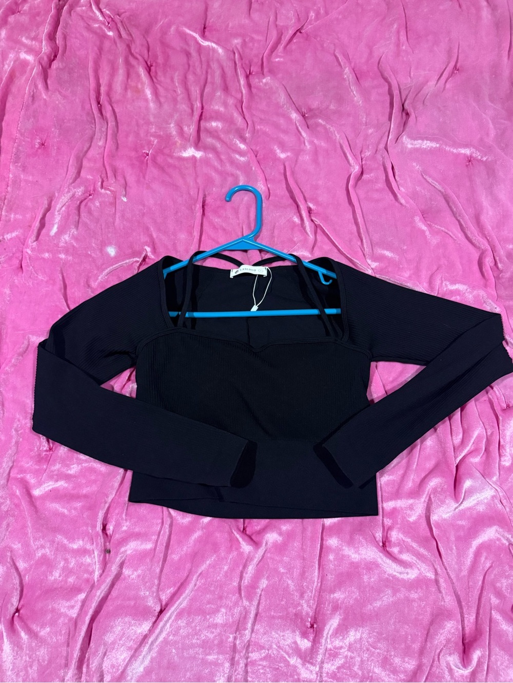 Ribbed Black Long-Sleeve Square Neck Crop Top